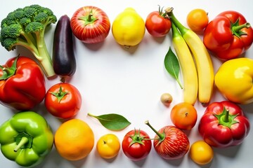 Colorful assortment of fresh fruits and vegetables on a clean white background, nutrition, food, organic