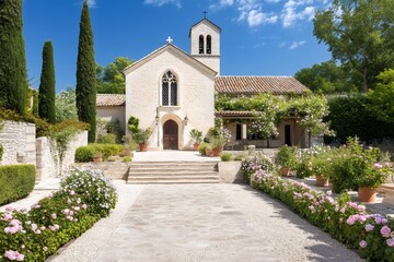 Naklejka premium Charming white chapel surrounded by blooming roses in a peaceful garden