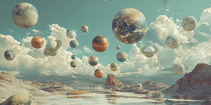 A surreal image of floating planets and celestial objects bending in an impossible formation