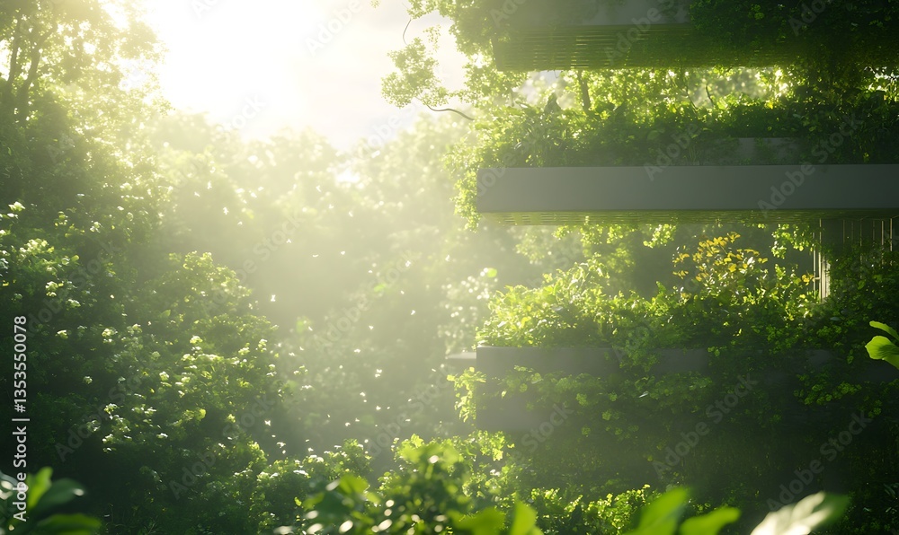 Poster sunlight filters through lush greenery, creating a serene and tranquil atmosphere in a vibrant natur