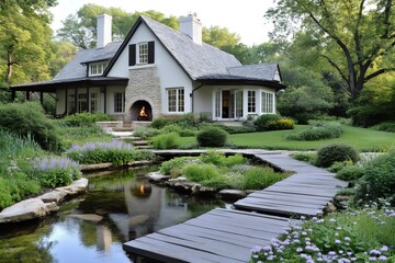 Obraz premium Charming house with wooden pathway crossing idyllic garden pond