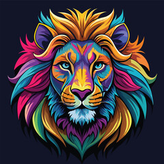 Obraz premium Close up of colorful lion face drawing vibrant vivid colored t-shirt design vector illustrations. Spectrum-spotted lion fierce beauty