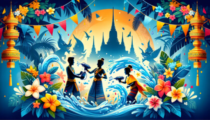 Songkran Two individuals in traditional Thai clothing engage in water-splashing, with the vibrant blue splash3