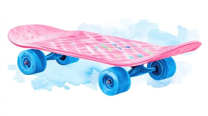 Pink Cruiser Skateboard with Blue Wheels on Watercolor Background: A Vibrant Illustration of Summer Fun and Active Lifestyle