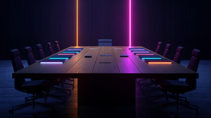 Empty conference room with wooden table illuminated by dramatic orange and purple neon lighting, futuristic corporate meeting space concept