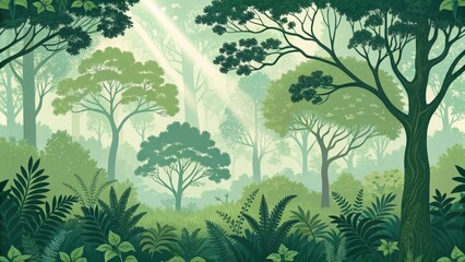 Misty Green Forest Sunlit Canopy, Lush Undergrowth, Vector Illustration, nature, forest nature, illustration