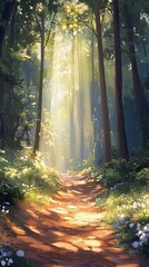 Obraz premium Sunlight shines through tall trees onto a forest pathway