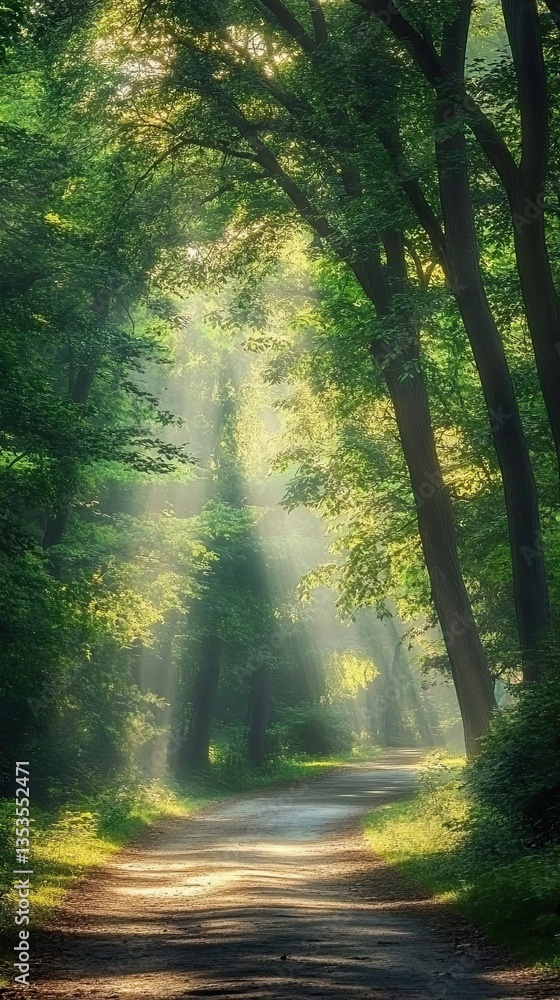 Poster sunlight streams through a forest canopy illuminating a winding path