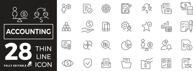 Accounting Icon set of web and mobile in thin line style. Accounting and audit Icons & Symbols Containing finance report and audit, invoice, tax return and more