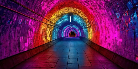 A vibrant neon tunnel with bright, electrifying colors and a cyberpunk atmosphere