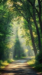 Naklejka premium Sunlight streams through a forest canopy illuminating a winding path