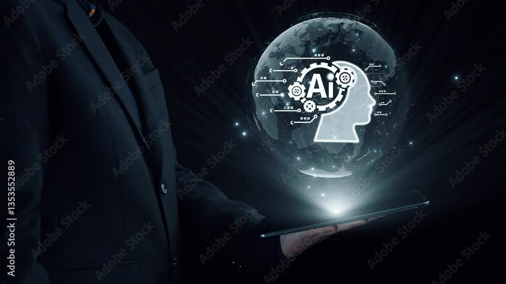 Poster human interact with ai artificial intelligence brain processor in concept of ai artificial intellige