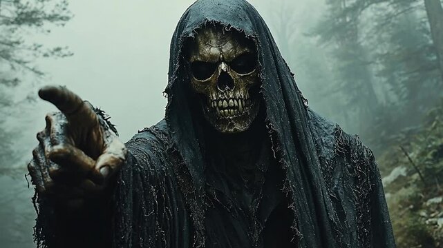 Skull-masked figure points in misty forest. Possible use Horror movie poster, fantasy art print