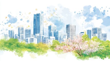 Obraz premium Serene Cityscape: A Watercolor Painting of Modern Buildings and Blossoming Spring Trees