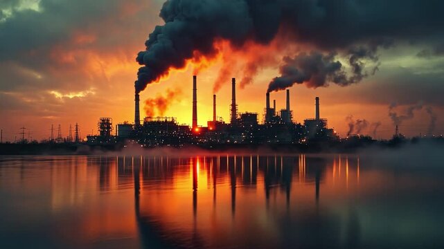 Industrial Emissions: A stark depiction of industrial infrastructure belching thick plumes of smoke against a dramatic, fiery sunset, mirroring in a serene body of water.