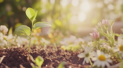 A vibrant green sapling grows amidst blooming wildflowers, symbolizing hope and renewal for Earth Day.
