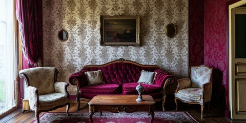 A vintage-inspired living room with deep burgundy walls and damask-patterned wallpaper
