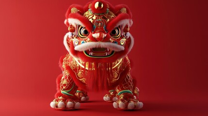 Obraz premium 3D Rendered Chinese New Year Lion Dance on a Red Background, Colored in Red and Gold
