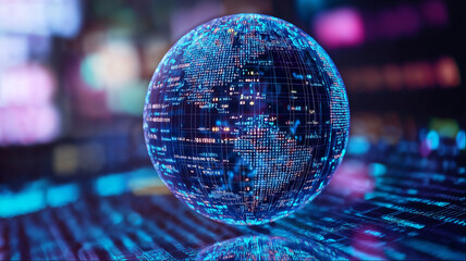 Digital sphere with glowing blue circuit network patterns on dark tech background, global cybersecurity and blockchain concept