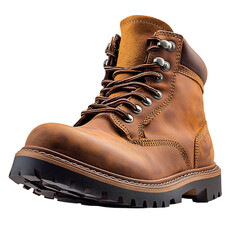 Classic Brown Leather Work Boots with Steel Toe Isolated on Transparent Background