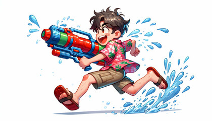 Songkran A three-quarter view of a cartoon character wearing a tropical pink and green floral shirt and khaki2