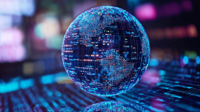 Digital sphere with glowing blue circuit network patterns on dark tech background, global cybersecurity and blockchain concept - Powered by Adobe
