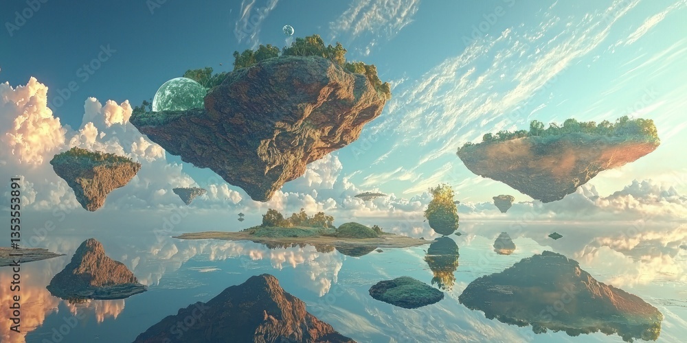 Poster a visually stunning alien planet with unique atmospheric colors and floating islands