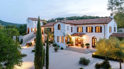 Fototapeta premium Luxurious mediterranean villa illuminated at dusk with cypress trees and gravel driveway