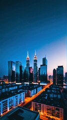 Futuristic City Skyline Illuminated by Neon Lights at Dusk