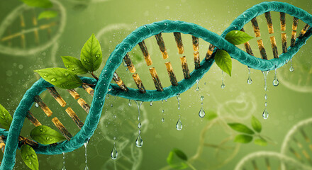Biotechnology DNA Helix with Water Droplets and Leaves - Genetics and Science Concept