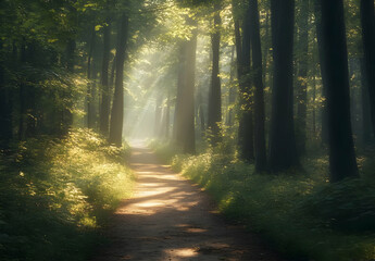 Obraz premium Enchanted Forest Pathway Through Tall Trees with Sunlight Filtering