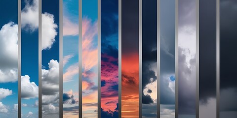 Creative abstract sky collage with vertical strips depicting different weather conditions, from clear blue sky to stormy clouds, symbolizing time-lapse, seasons, and atmospheric changes

