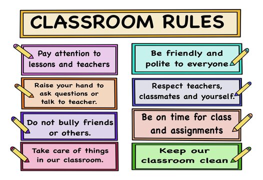 Hand drawn picture of colorful cards with text about Classroom rules. Illustration for education. Concept, idea for teacher and students to create rules together. Classroom  management. 