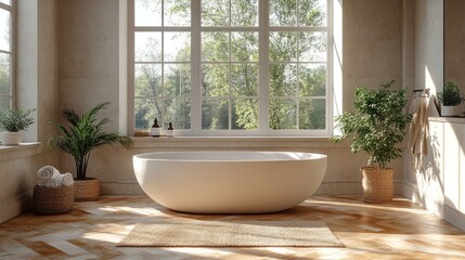 Fototapeta premium Modern beige bathtub, natural light, peaceful bathroom with garden view