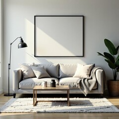 Cozy living room with modern grey sofa, blanket and coffee table, living room, cozy, coffee table