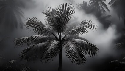 A close up view of a palm surrounded by smoke and mist; a mysterious and mystical of a palm tree in black and white; mystery and foggy; creative photography; palm tree with foggy smog surrounding