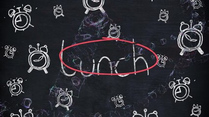 Animation of chalk-drawn alarm clocks and Lunch text on dark background - Powered by Adobe