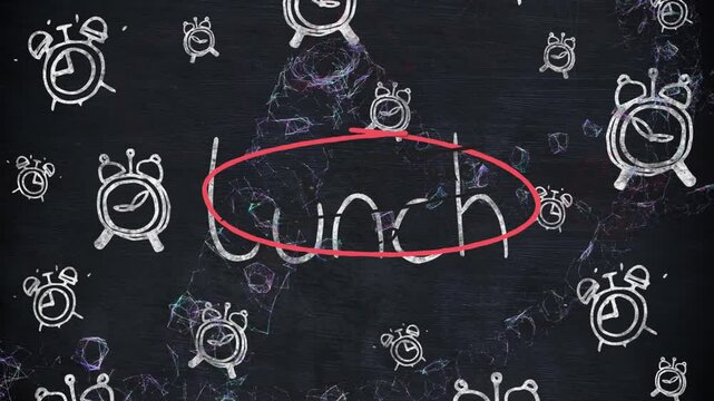 Animation of chalk-drawn alarm clocks and Lunch text on dark background - Powered by Adobe