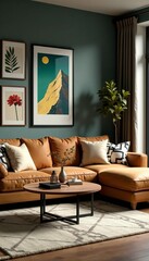 Cozy modern living room with brown sofa, industrial coffee table and art pieces, living room, contemporary, design