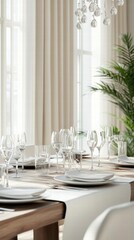 Elegant dining table setup shines with glassware, tableware, and natural light, featuring a stylish chandelier and potted plants for a refined dining experience.