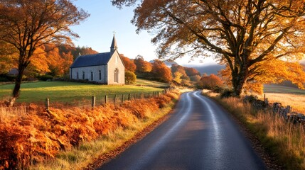 Obraz premium Winding road leading to a church in the Scottish Highlands during fall season