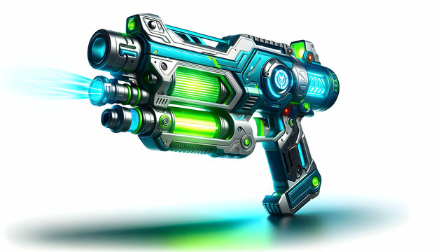 Songkran A futuristic Songkran water gun with a sleek metallic blue body, glowing neon green tank, and dual n3