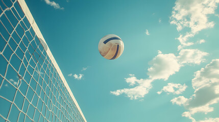 Volleyball in motion mid air over net with blue cloudy sky background in daytime
