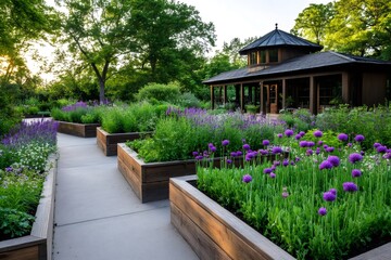 Purple allium flowers growing in raised garden beds near Regenstein Garden at sunset