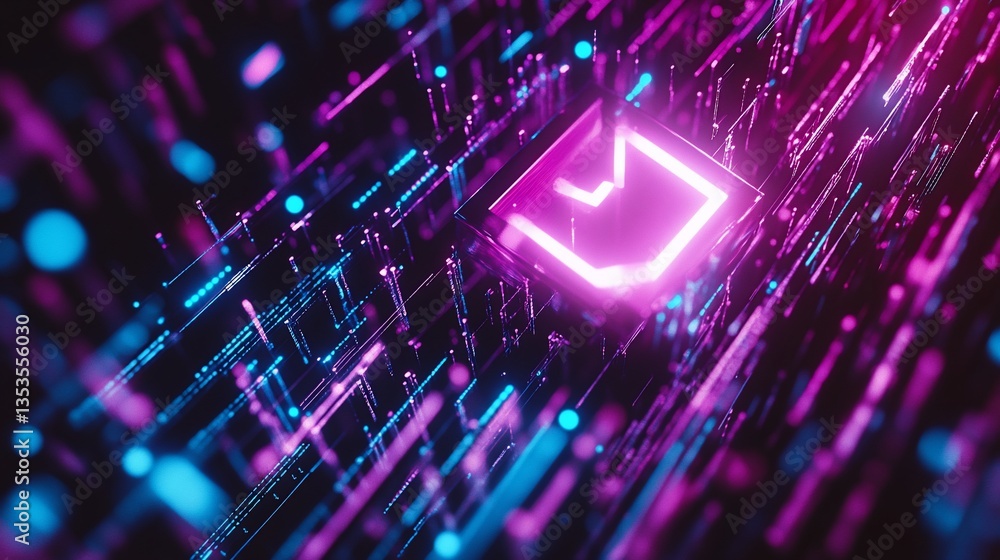 Poster neon glowing cube in a digital circuit board