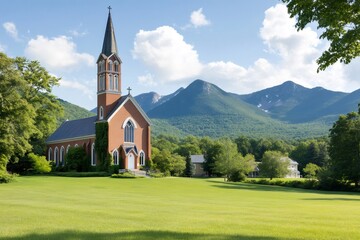 Picturesque church standing in a green valley with the Adirondack Mountains towering in the background