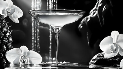 Cocktail in glass, orchids, waterfall background; luxury drink advert