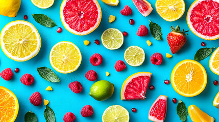 Colorful citrus fruits, berries, flat lay.  Food photography for recipe blogs