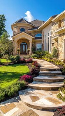 Obraz premium Stone Pathway Leads to Luxury Home with Lush Landscaping and Architectural Design