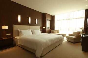 A luxurious hotel bedroom with a large bed and comfortable seating